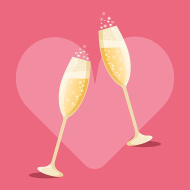 Two glasses of champagne with bubbles isolated on a pink heart background