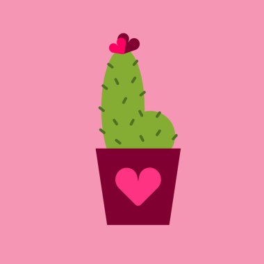 Doodle cactus in the flower pot with heart ornament. Valentine, wedding, love cards, print for decorating clothing