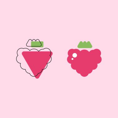 Two pink raspberries on a pink background. Food outline icons