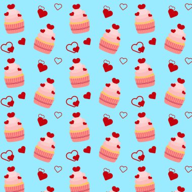 Seamless pattern with cupcakes and hearts on blue background. Vector illustration
