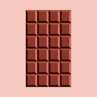 Milk chocolate bar. Unwrapped square pieces of dark chocolate isolated on pink background. Cocoa product, vector illustration