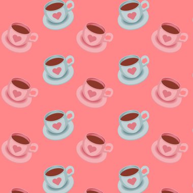 Seamless pattern with pink and blue coffee cups on a red background. Vector illustration