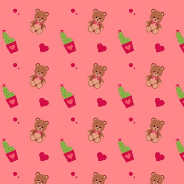 Cute little teddy bear toy, with a heart and a gift box, a seamless pattern. Vector illustration