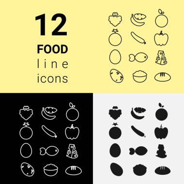 The dietary nutrition food outline icon set fruits and vegetables with egg, fish, hard cheese, oatmeal, and bread. Healthy eating concept vector illustration
