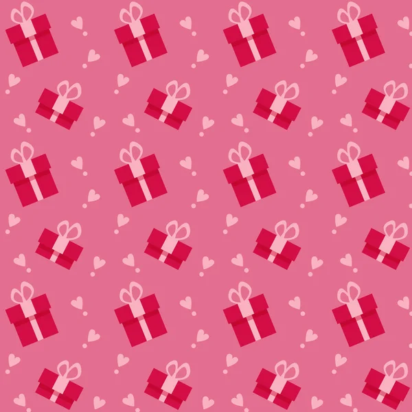 Seamless Pattern Red Gift Boxes Pink Hearts Pink Background Vector — Vetor de Stock