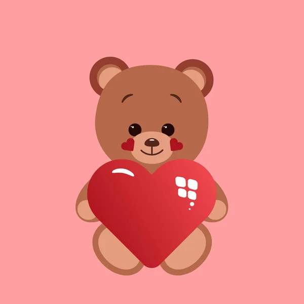 Teddy Bear Holding Paws Big Heart Concept Valentine Day Flat — Stockvector