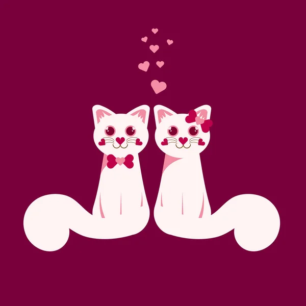Couple Two White Cats Love Maroon Background Valentine Day Cute — Stockvector