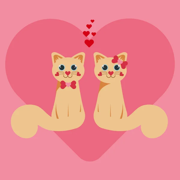 Couple Two Cats Love Big Pink Heart Background Valentines Day — Stockvector