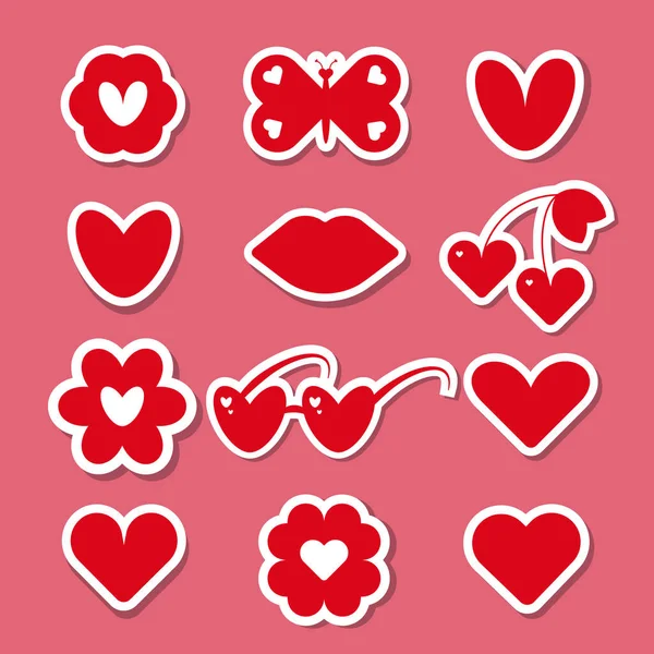 Set Vector Love Icon Stickers Sticker Form Lips Hearts Flowers — Stockvektor