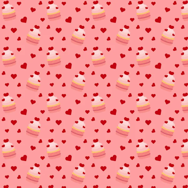 Seamless Pattern Cupcakes Hearts Pale Pink Background Vector Illustration — Stockvektor