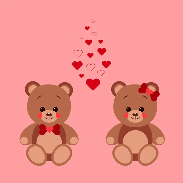 Two Teddy Bears Love Sit Many Little Red Hearts Concept — Stockvector