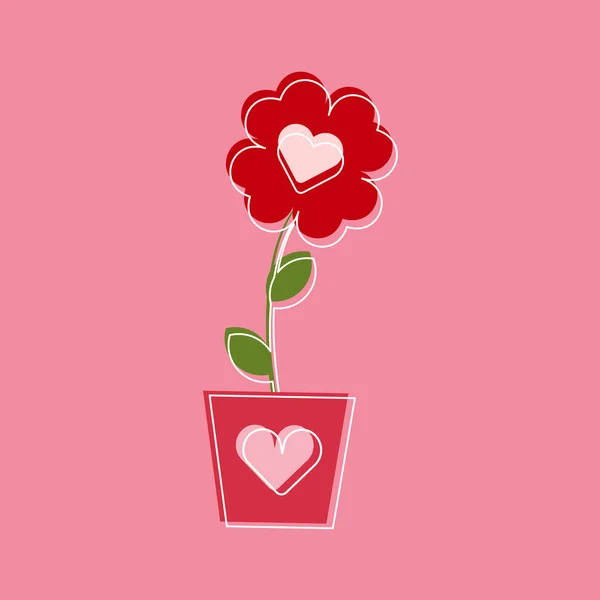 Heart Shape Red Flowers Flower Pot Love Romance Symbol Flat — Stok Vektör