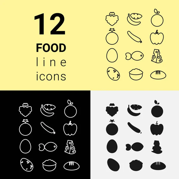 Dietary Nutrition Food Outline Icon Set Fruits Vegetables Egg Fish — Stock Vector