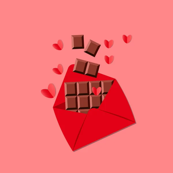 Red Envelope Red Hearts Chocolate Pieces Isolated Pink Background Love — Stok Vektör