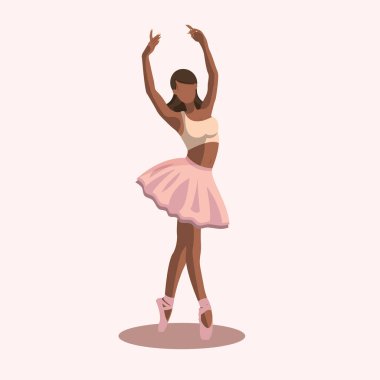 Vektör illüstrasyon klasik bale. Pembe etekli, beyaz arka planda dans eden Afro-Amerikan kadın balerin. Yüzü olmayan güzel bir balerin.