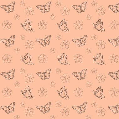 Kelebeğin kusursuz desenli silüeti ve bej arka planda çiçek, grafik tasarım, vektör illüstrasyonu