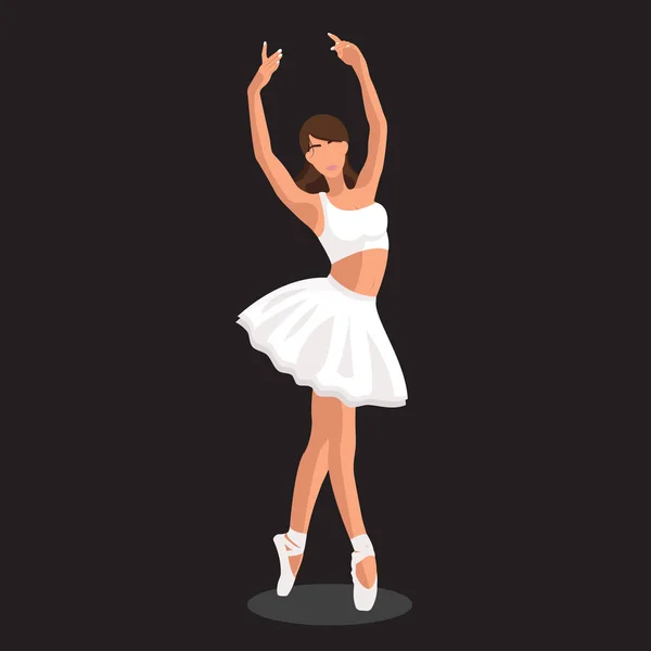 矢量说明古典芭蕾 白种人的白人女芭蕾舞者穿着白色的燕尾服 脚尖的鞋子在黑色的背景上跳舞 漂亮的年轻无脸芭蕾演员 风格扁平 — 图库矢量图片