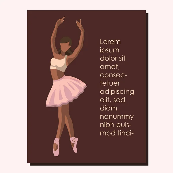 身着粉色燕尾服的非洲裔美国人无脸芭蕾舞者 脚尖的鞋子在褐色背景下舞动 带有复制空间 文字是Lorem Ipsum 平面样式的矢量图解 — 图库矢量图片