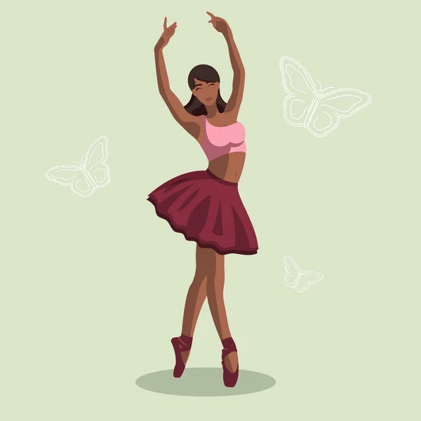 矢量说明古典芭蕾 穿着红色燕尾服和尖鞋的非洲裔美国女芭蕾舞者在绿色背景下跳舞 漂亮的年轻无脸芭蕾演员 风格扁平 — 图库矢量图片