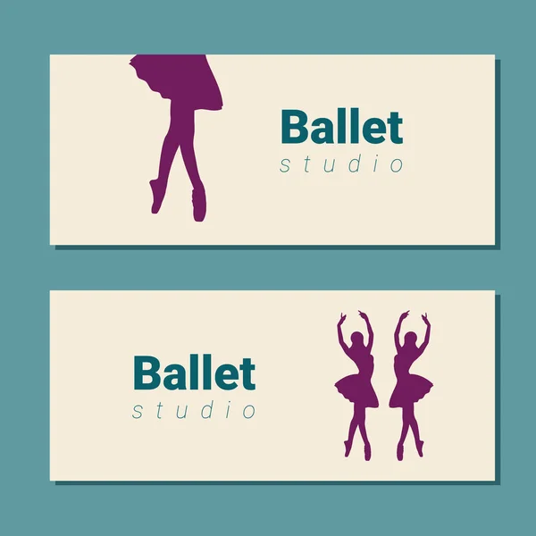 戏票设计 芭蕾舞学校的传单模板 芭蕾娜穿着连衣裙和尖尖的鞋子 蓝色和紫色卡片的设计 矢量说明 — 图库矢量图片