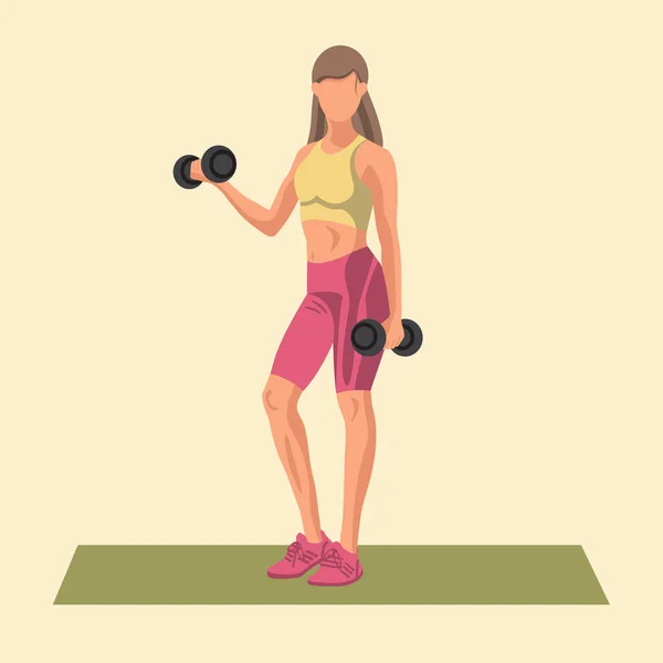 穿着运动服的没有脸的健康白人妇女站在健身垫上 用哑铃做运动 训练和运动训练的概念 矢量说明 — 图库矢量图片