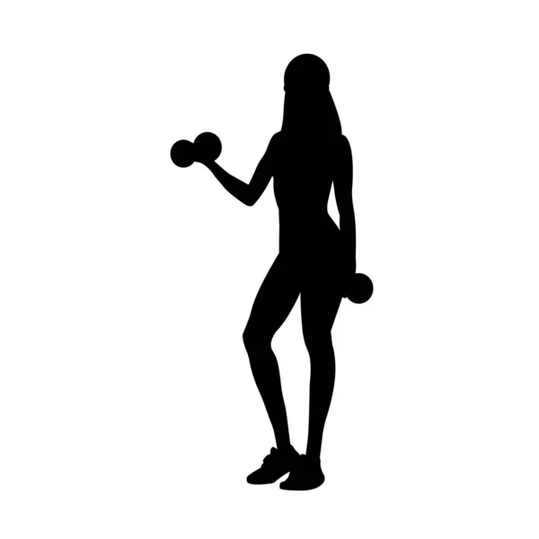 一个健美的女人站在那里用哑铃做运动的轮廓 训练和运动训练的概念 矢量说明 — 图库矢量图片
