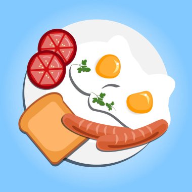 Kırmızı domatesli sahanda yumurta, tost, sosis ve yeşil maydanozlu beyaz tabak. Sağlıklı yiyecekler mavi arka planda izole edilir. Kağıt vektör illüstrasyonunu kes