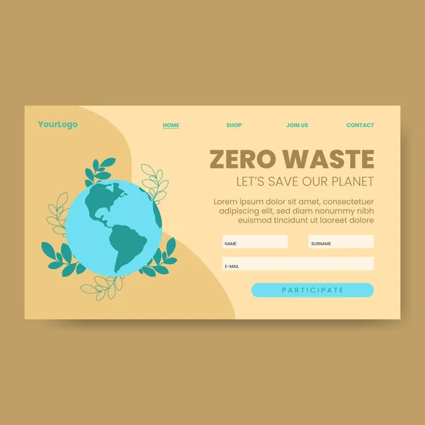 緑の葉を持つ地球の地球着陸ページ上のテキストゼロ廃棄物 ベクトル図 — ストックベクタ