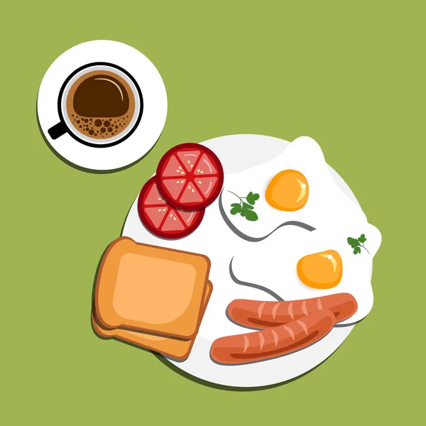 Fried Egg Red Tomato Toast Sausage Green Parsley White Plate — Stock Vector