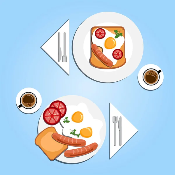 Serveer Ontbijt Voor Twee Gebakken Eieren Met Tomaat Toast Worst — Stockvector