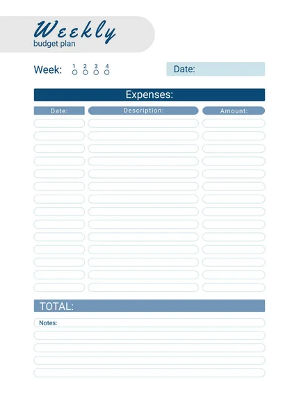 Planificador Presupuesto Mensual Personal Semanal Ilustración Vectorial — Vector de stock