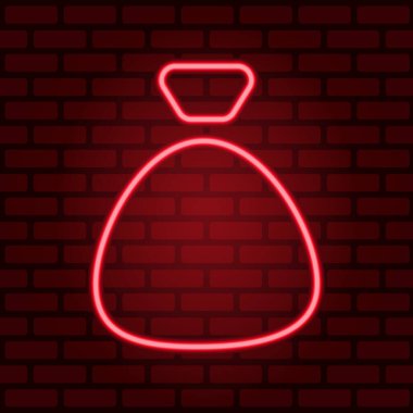 Aydınlatılmış tuğla duvar arkasında izole edilmiş kırmızı neon hediye çantası. Görüntü