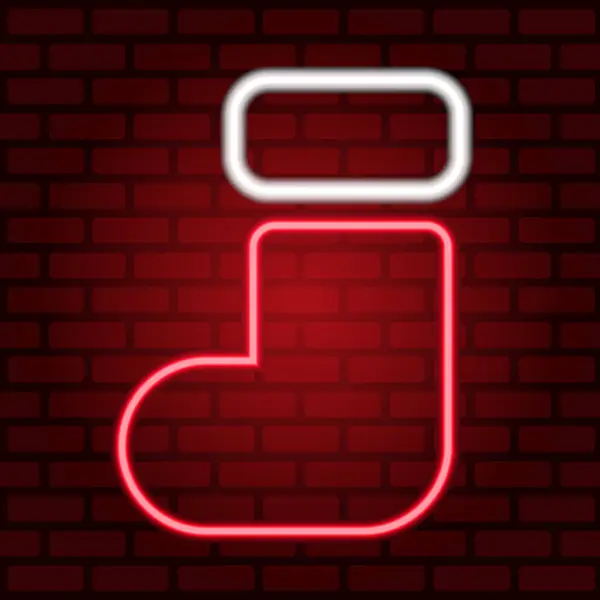 Glowing neon red Christmas stocking icon illuminated on brick wall background. Merry Christmas and Happy New Year. Illustration