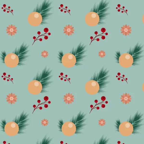 Nahtloses Muster Von Weihnachtskugeln Auf Den Ästen Eines Baumes Vektorillustration — Stockvektor