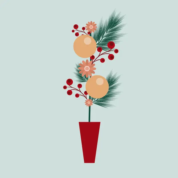 Branch Christmas Tree Flowers Balls Pot Vector Illustration Flat Style — Stock Vector