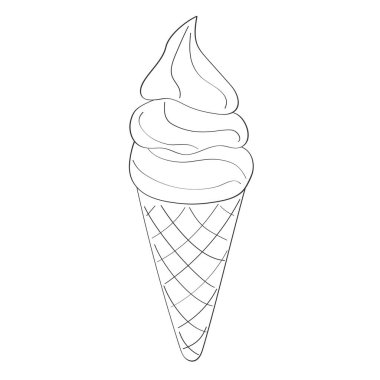Çıtır bir külahın üstüne istiflenmiş üç kepçe dondurmanın olduğu bir dondurma külahının el çizimi. Hepsi de sade beyaz arka planda.