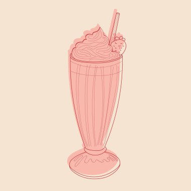 Pembe milkshake 'in içinde pipet olan el çizimi bir resmi. Sanat eserlerinde içeceğin canlı ve renkli bir tasviri yer alıyor.