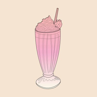 Üzerinde kamış ve bir top dondurma olan pembe bir milkshake, sade bir arka planda. İçkiler buz küpleriyle dolu berrak bardakta.