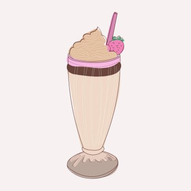Üzerine pipet ve sulu kırmızı çilek konmuş bir milkshake 'in el çizimi çizimi. Sanat eserlerinde leziz bir ziyafetle dolu klasik bir bardakta kremalı milkshake sergileniyor.