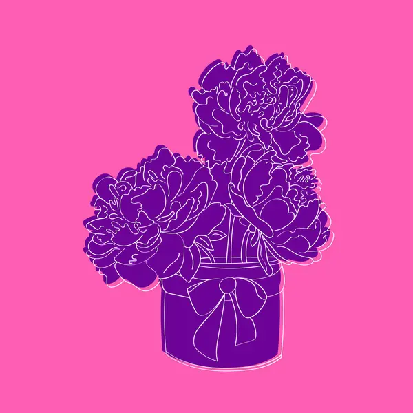 一只紫色的花瓶盛满了紫色的花朵 特别是用涂鸦手绘的牡丹 衬托在生机勃勃的粉色背景下 — 图库矢量图片