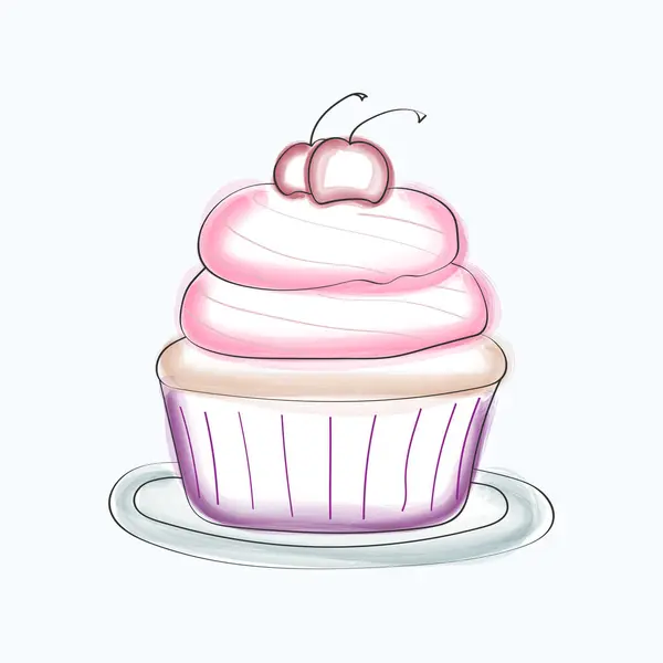 Läcker Cupcake Med Rosa Glasyr Och Ett Körsbär Toppen Visas — Stock vektor