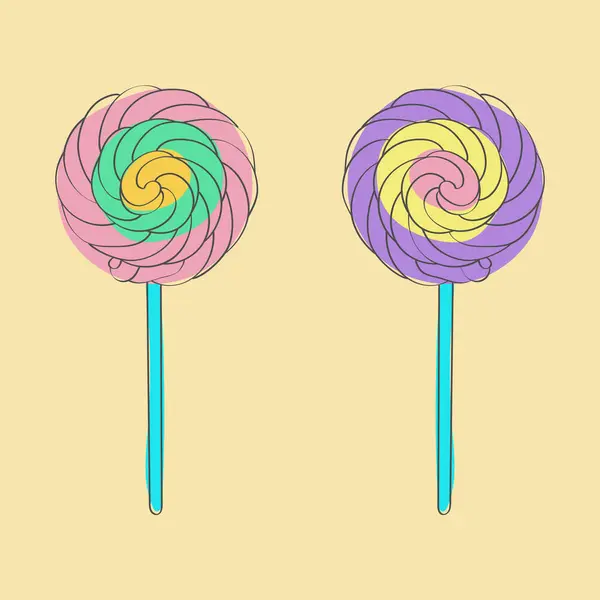 Close View Two Colorful Lollipops Placed Top Each Other Playfully — Stock Vector