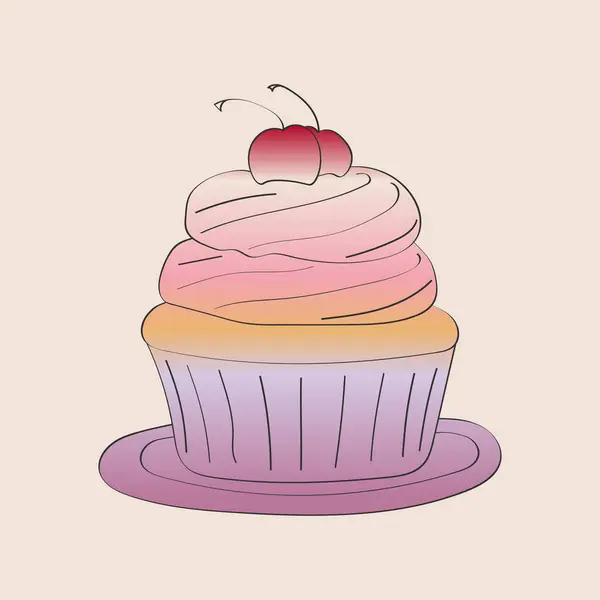 Único Cupcake Com Cobertura Rosa Uma Cereja Colocada Topo Cupcake — Vetor de Stock