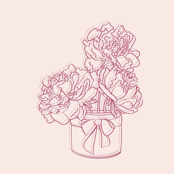 Hand Drawn Illustration Vibrant Peonies Arranged Vase Set Soft Pink — Stock Vector
