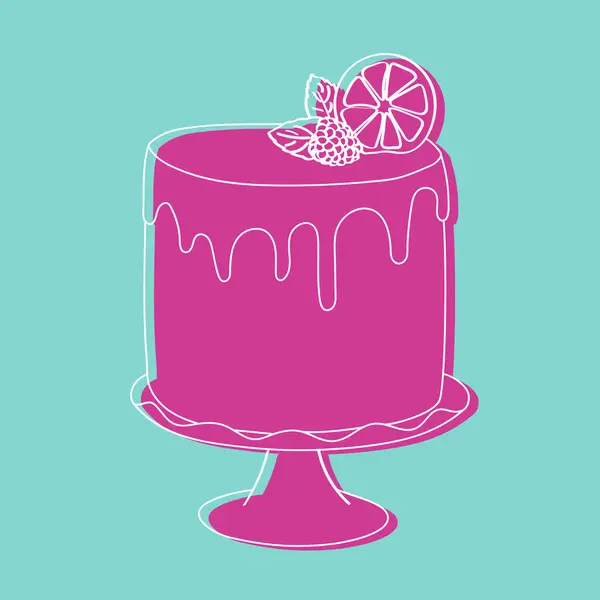 Pink Handpainted Cake Slice Lemon Resting Top Cake Decorated Intricate — Stock Vector