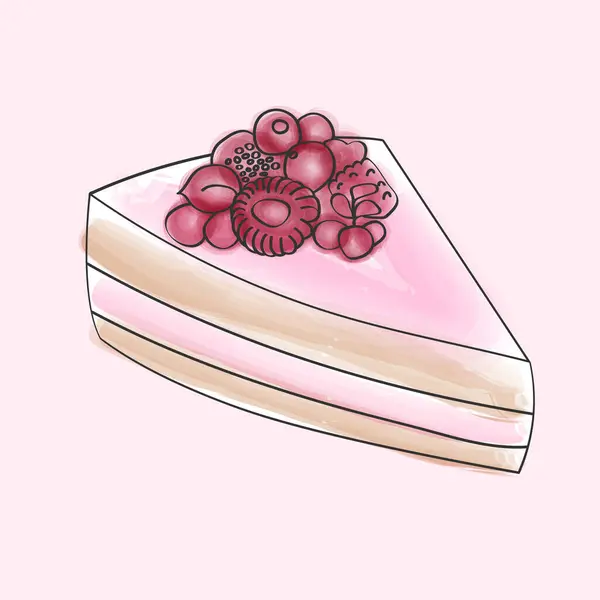 Кусок Торта Гладкой Розовой Глазурью Свежими Ягодами Сверху Сидя Тарелке — стоковый вектор