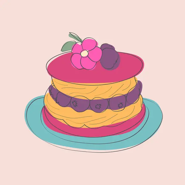 Illustration Dessinée Main Gâteau Avec Une Fleur Délicate Sur Dessus — Image vectorielle