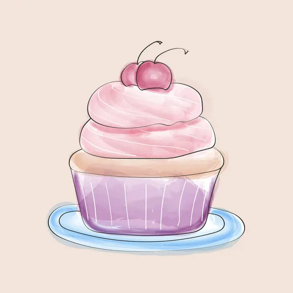 一个手工绘制的水彩画 上面有一个茶杯蛋糕 上面有一个鲜红的樱桃 纸杯蛋糕精致地点缀着成团的糖霜和洒水 — 图库矢量图片
