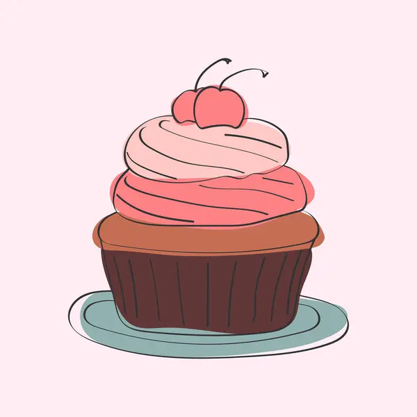 Delicioso Cupcake Coberto Com Cobertura Rosa Uma Cereja Suculenta Empoleirada — Vetor de Stock