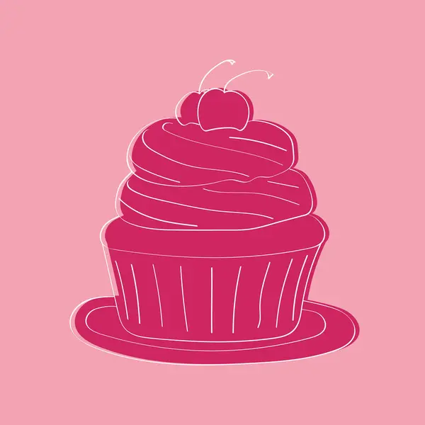 Rosa Muffins Med Glasyr Och Ett Körsbär Överst Tallrik Cupcake — Stock vektor